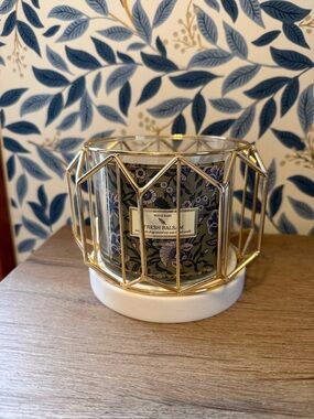 White Barn Gold Geometric Glass Candle Holder with Green Floral Candle